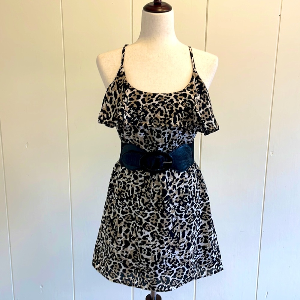 NWOT Blue Rain Leopard 🐆 Print Dress/ Small/ Ruffle/ Adjustable Straps
